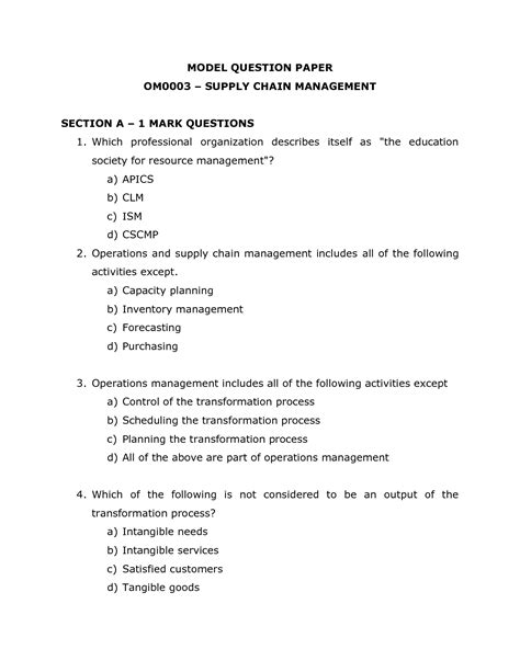 Read Online Supply Chain Management Question Paper With Answers 