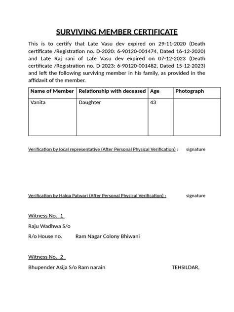 Surviving Member Certificate