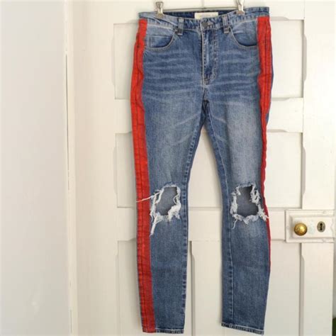 sushi radio Blue Denim with Red Paint Stripe Slim Fit Jeans Size …