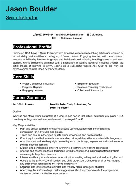 swim instructor biography template