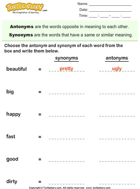 Synonyms And Antonyms Worksheets Turtle Diary Antonyms And Synonyms Worksheet - Antonyms And Synonyms Worksheet