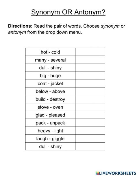 Synonyms Antonyms Interactive Worksheet Live Worksheets Antonyms And Synonyms Worksheet - Antonyms And Synonyms Worksheet