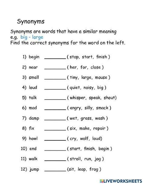Synonyms Exercise For Grade 1 Live Worksheets First Grade Worksheet Synonmns - First Grade Worksheet Synonmns