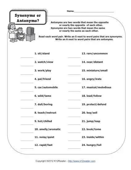 Synonyms Or Antonyms 4th Grade Synonym And Antonym Synonyms Worksheets For 4th Grade - Synonyms Worksheets For 4th Grade