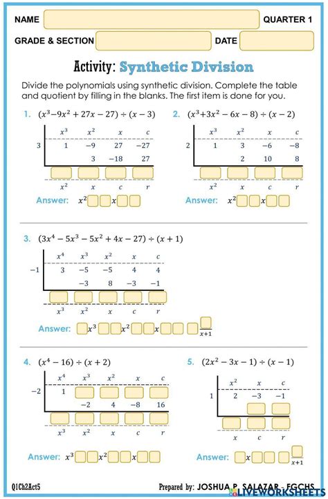 Synthetic Division Exercise Live Worksheets Synthetic Division Worksheet Answers - Synthetic Division Worksheet Answers
