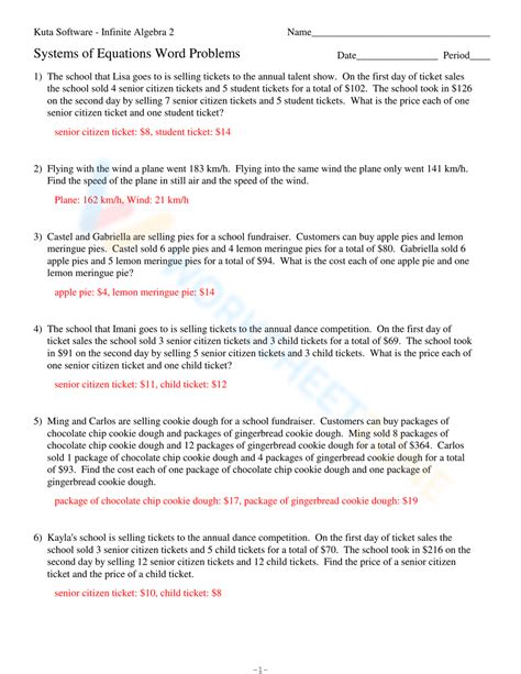 Systems Of Equations Word Problems Worksheet Answers