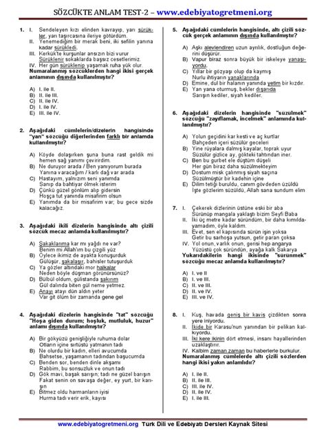 Sözcükte Anlam Test Pdf