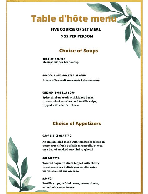 Table D Hote Menu