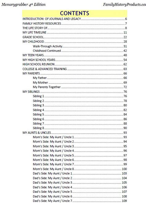 table of contents autobiography