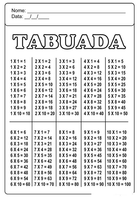Tabuada Completa Para Imprimir