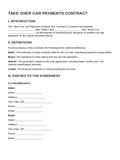 Take Over Car Payment Contract Template