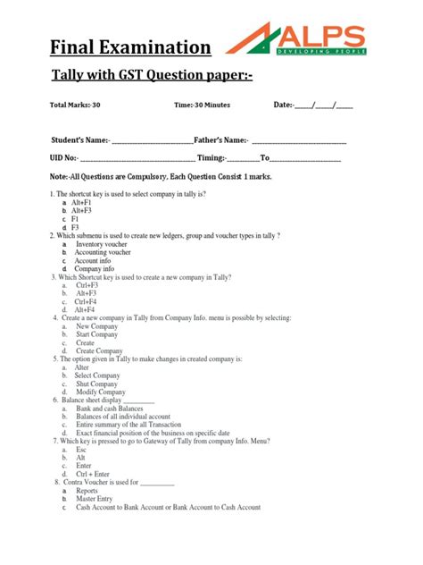 Tally Question Paper Model