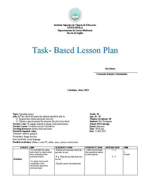 Task Based Language Lesson Plan
