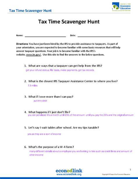 tax time scavenger hunt answer key