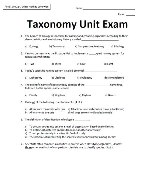taxonomy unit take home exam answer key