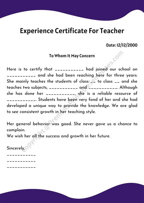 Teacher Experience Certificate Format
