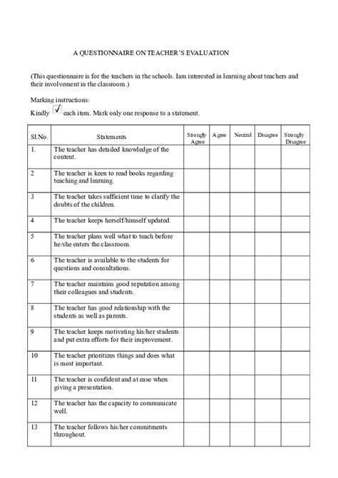 Teacher Performance Questionnaire Sample