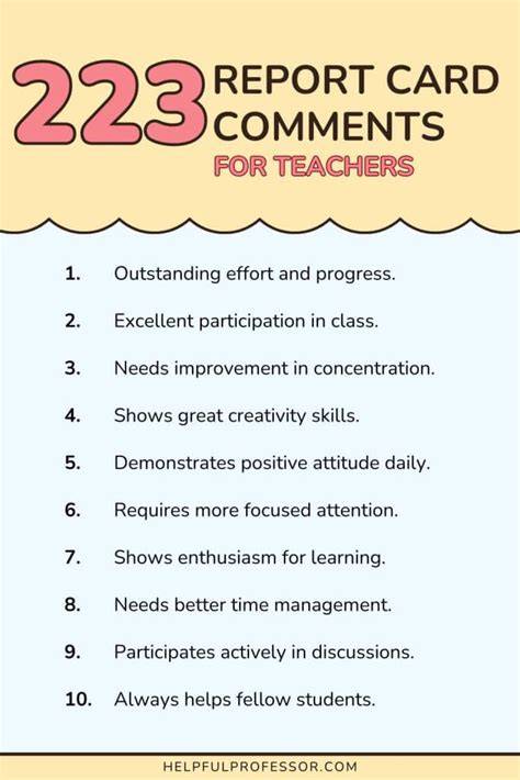 teacher report card positive comments for nursery