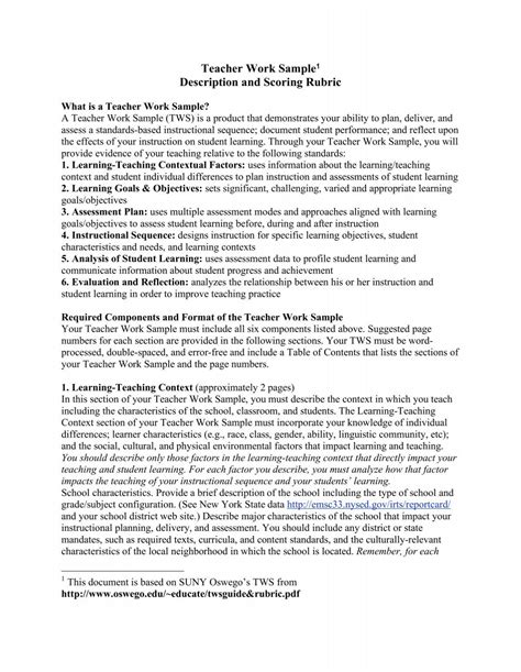 Teacher Work Sample1 Description And Scoring Rubric