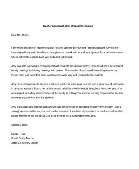 Teaching Assistant Recommendation Letter Sample