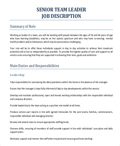 Team Leader Job Description Sample Resume