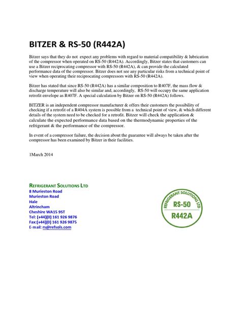 Technical Data R442a Rs 50 Gas Servei