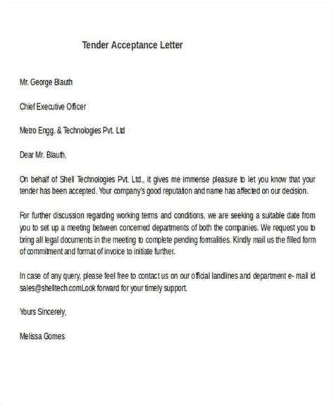 Tender Acceptance Letter Example