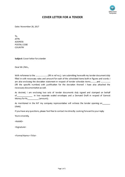 Tender Document Covering Letter Template