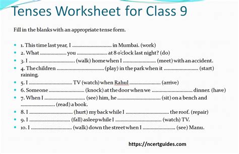Tenses Exercise For Class 9