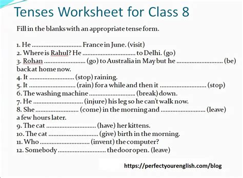 Tenses Worksheet For Class 8 Perfectyourenglish Com Tense Agreement Worksheet - Tense Agreement Worksheet