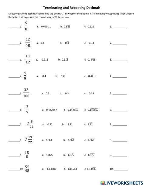 Terminating And Repeating Decimals Worksheet