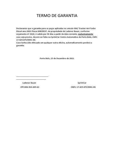 Termo De Garantia