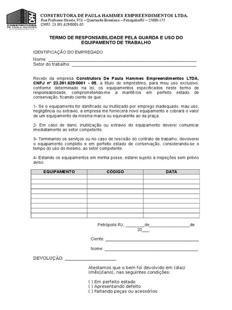 Termo De Responsabilidade De Equipamentos