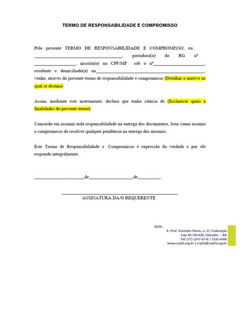 Termo De Responsabilidade E Compromisso
