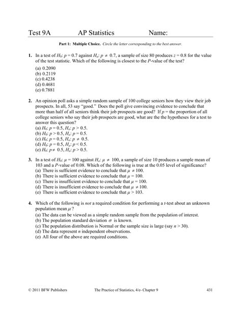 Test 9a Ap Statistics Answer Key