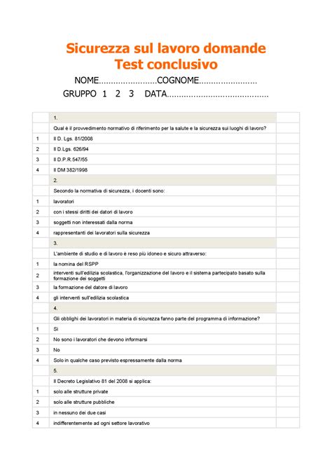 Test Finale Corso Sicurezza Sul Lavoro Con Risposte