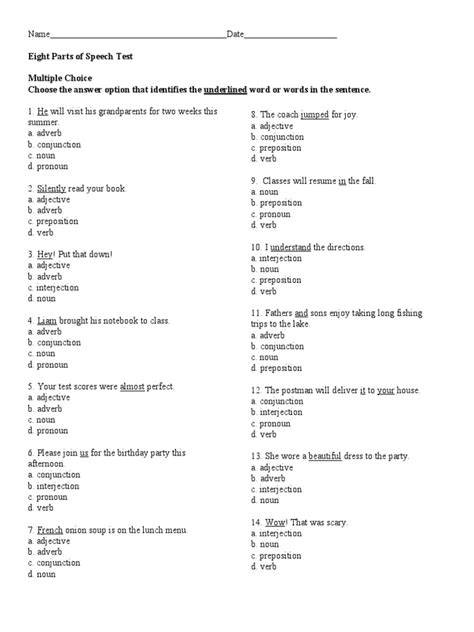 test on the eight parts of speech