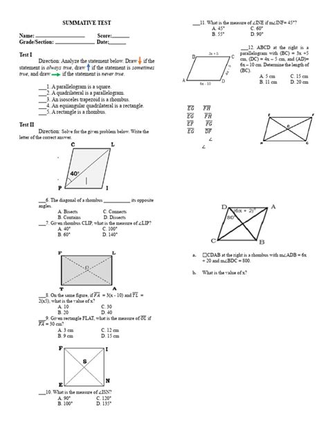 Test Questions For Special Parallelograms