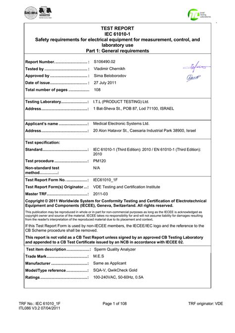 Test Report Iec 61010 1 Safety Requirements For Electrical