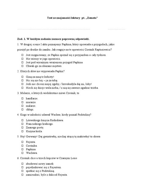 Test Z Lektury Zemsta