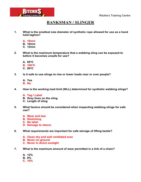 Read Test Questions Answers For Slinger Signaller 