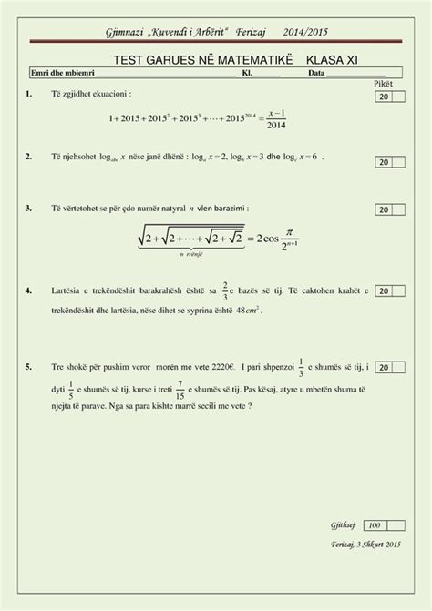 teste matematike klasa 11
