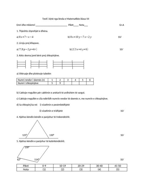 testi i matematikes klasa 7