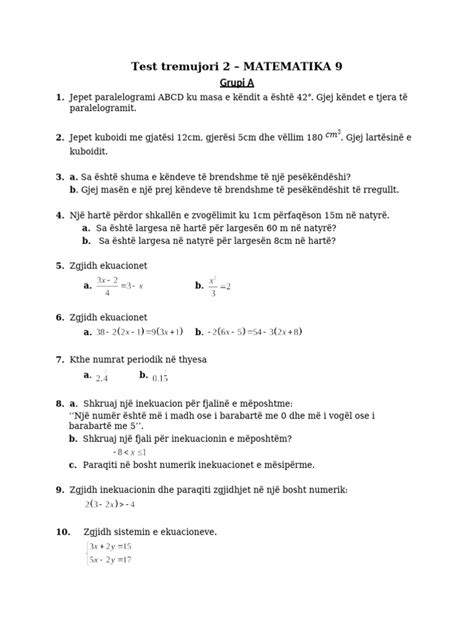 testi i matematikes klasa 9