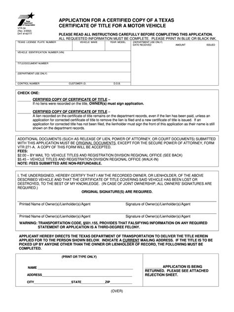 texas lost title application