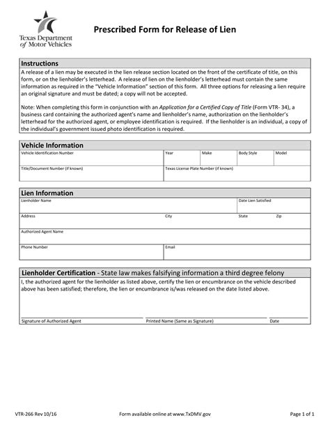 Texas Release Of Lien Form