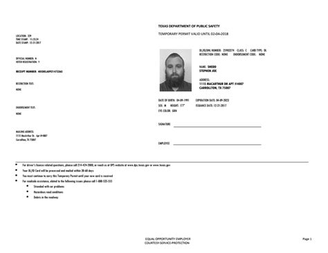Texas Temporary Paper Id Template