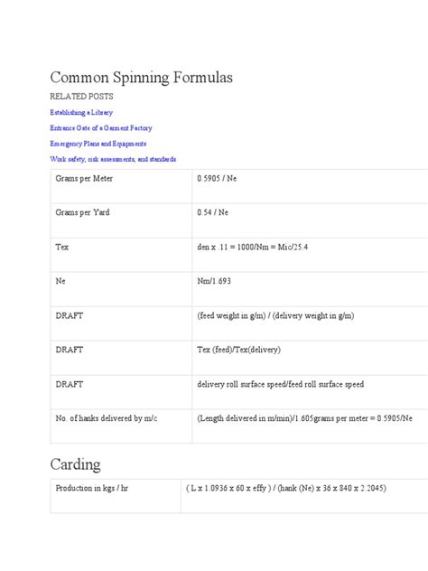 Textile Spinning Formulas