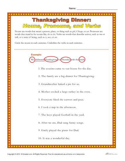 Thanksgiving Dinner Worksheet Nouns Pronouns And Verbs Thanksgiving Dinner Worksheet - Thanksgiving Dinner Worksheet