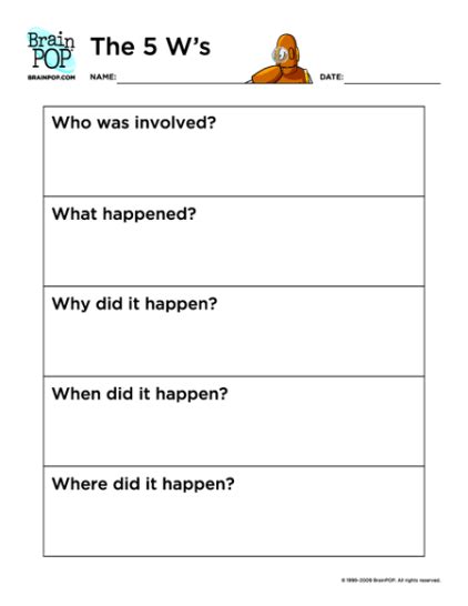 The 5 W X27 S Worksheet Questions Activity The 5 W S Worksheet - The 5 W's Worksheet
